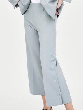 Zara Wide Leg Blue Cropped Side Buttons Flat Front Sailor Pants, Size XS